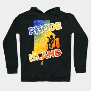 Colorful mandala art map of Rhode Island with text in blue, yellow, and red Hoodie